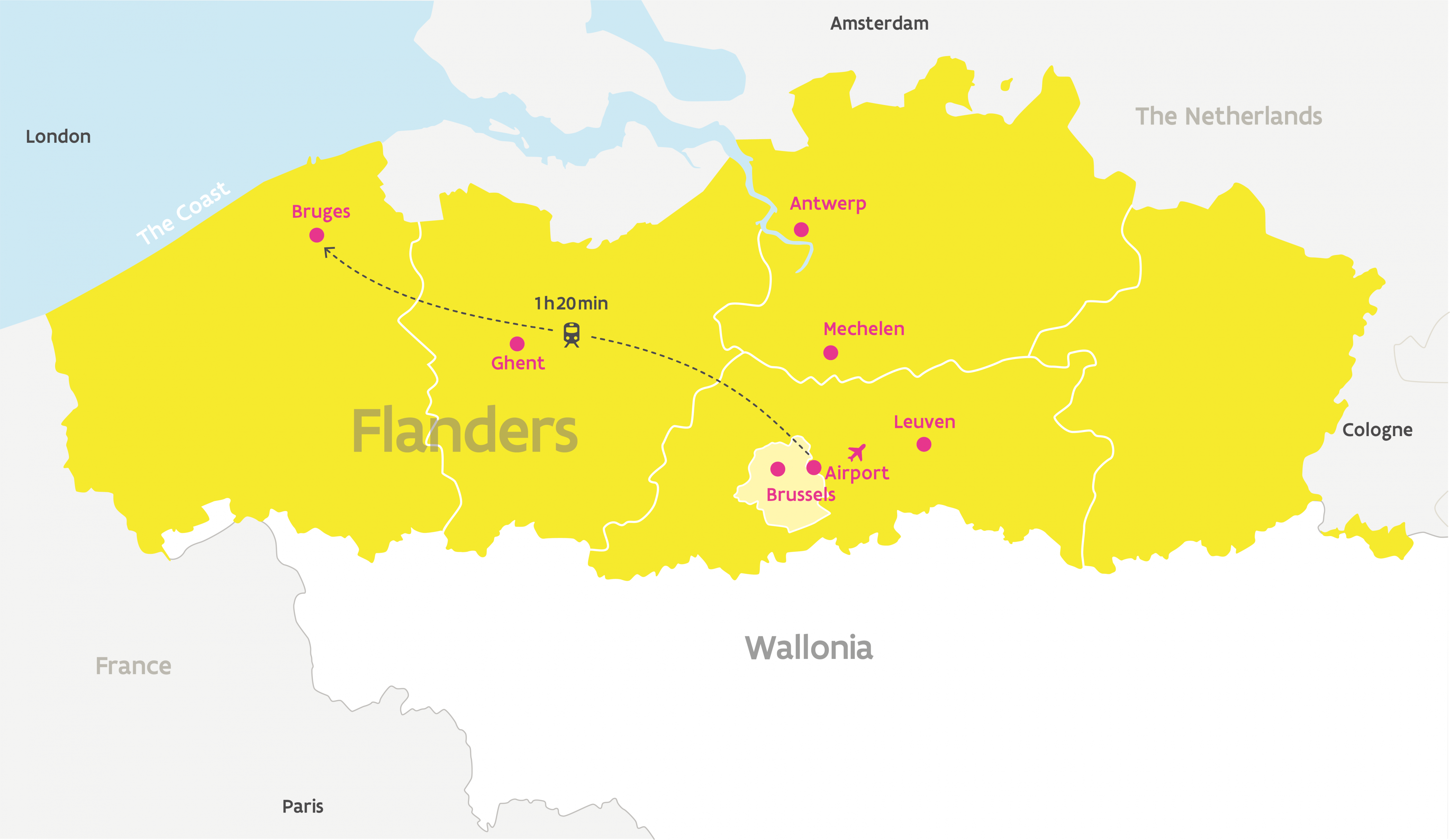 Map Flanders Train distances Brugge