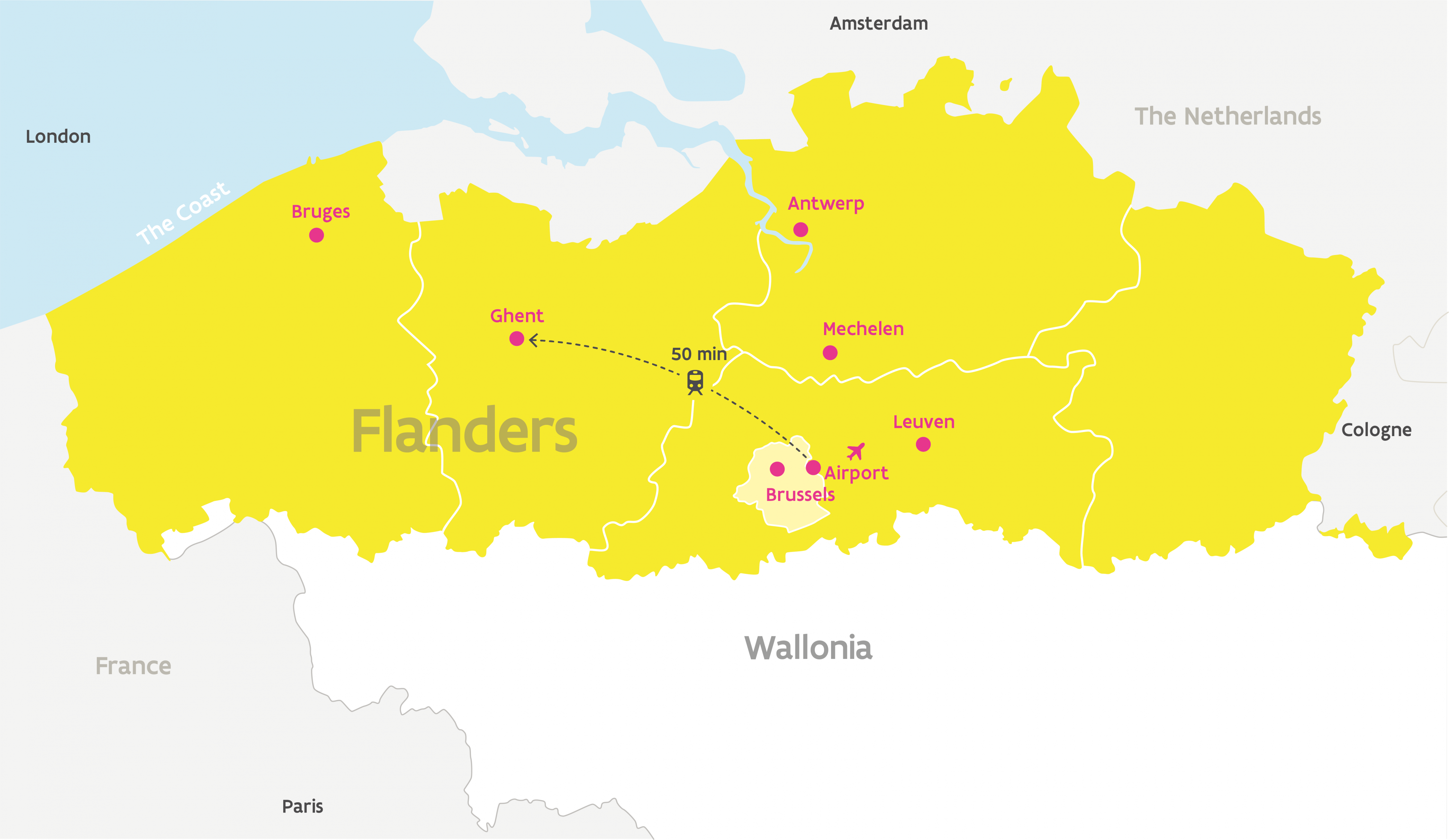 Map Flanders Train distances Ghent
